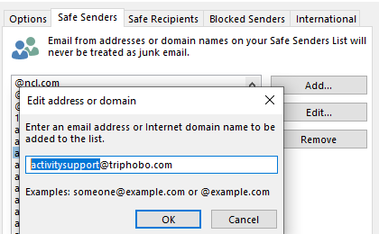 Edit safe sender email