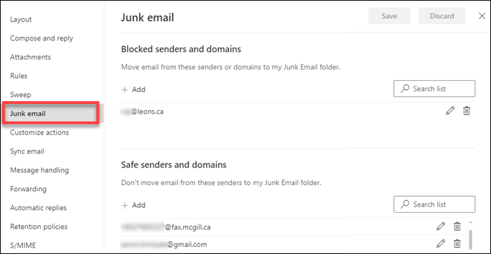 Junk mail settings in OWA