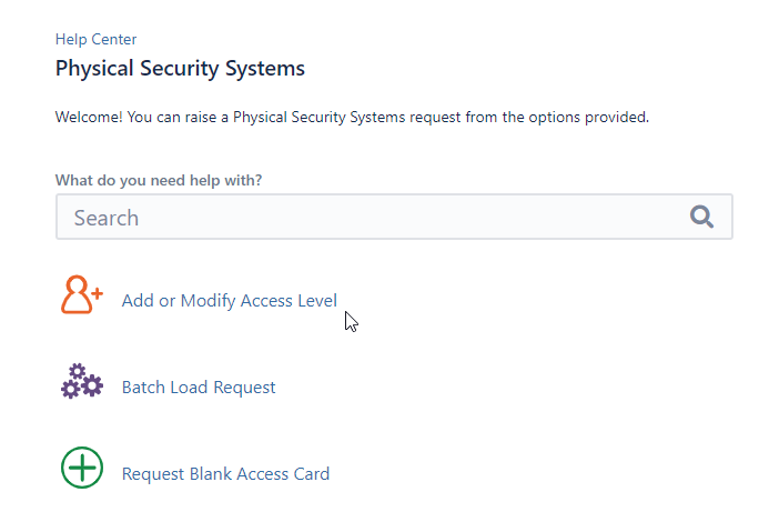 Screenshot showing request forms within a Service Desk portal