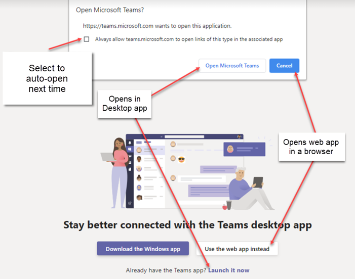 Options to open Teams in either the web or desktop app