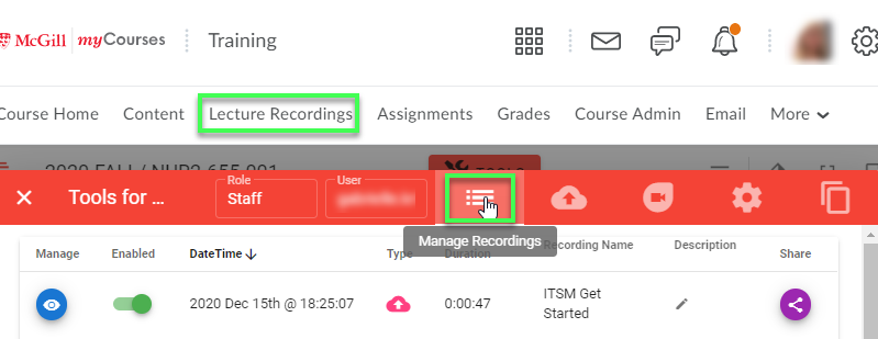 Lecture Recordings - Manage Recordings