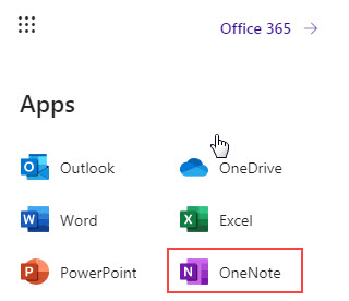 screenshot of list of Office 365 apps with OneNote highlighted