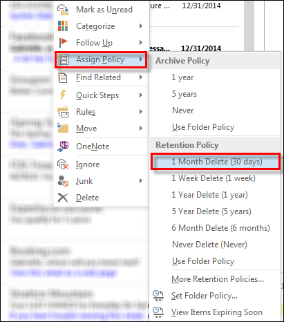Right-click a message and assign policy
