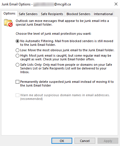 Junk filtering options