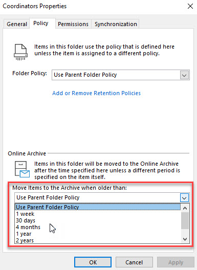 Outlook folder archive policies
