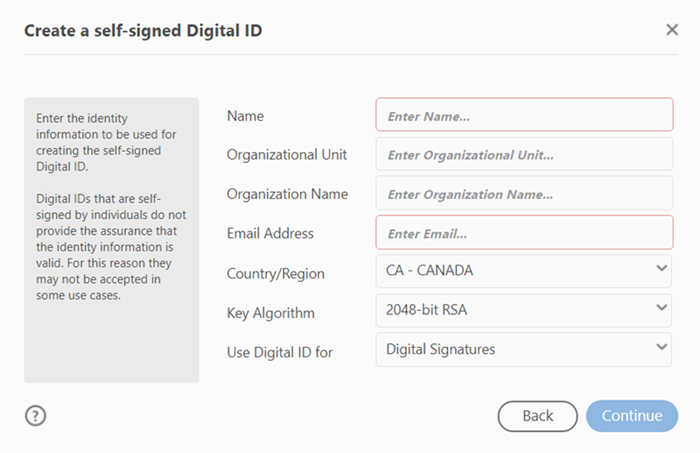 screenshot of Create a new digital ID window