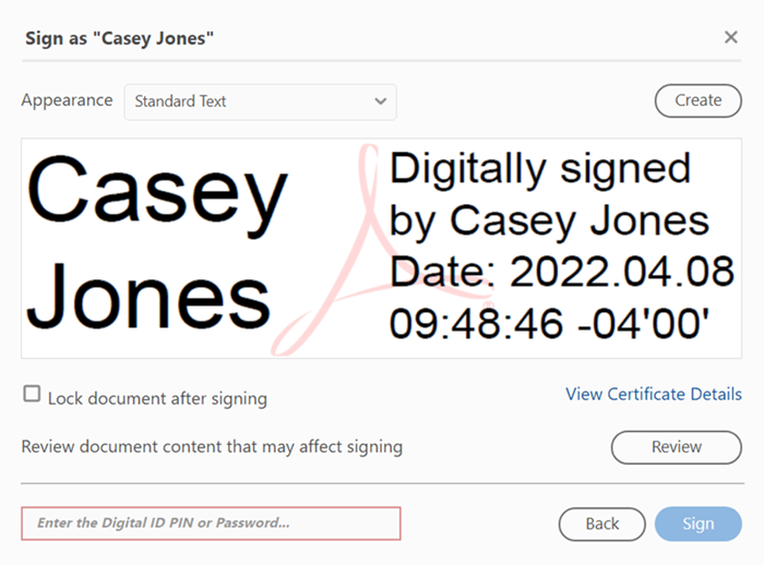 screenshot of window to complete the signing process
