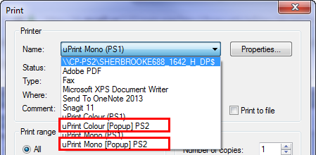 select uPrint Colour (Popup) or uPrint Mono (Popup)