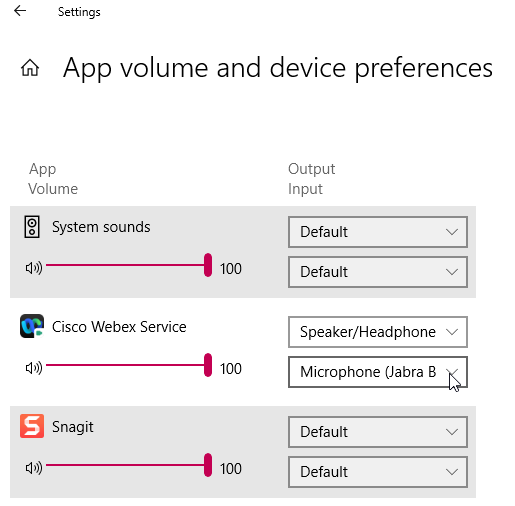 App volume and device preferences