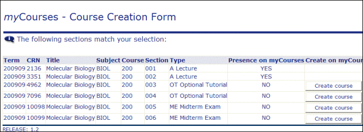 Course creation form