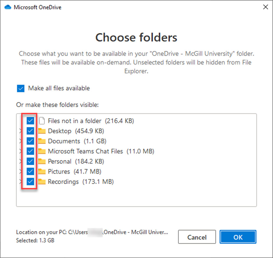 Select or deselect folders