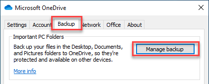 screenshot showing location of backup and manage backup options