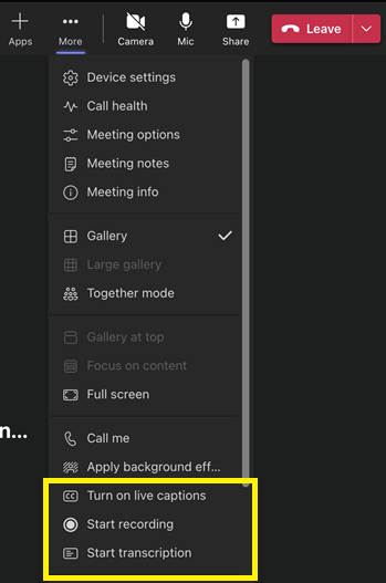 MS Teams interface highlighting where live captions, recording, and transcription can be turned on or off