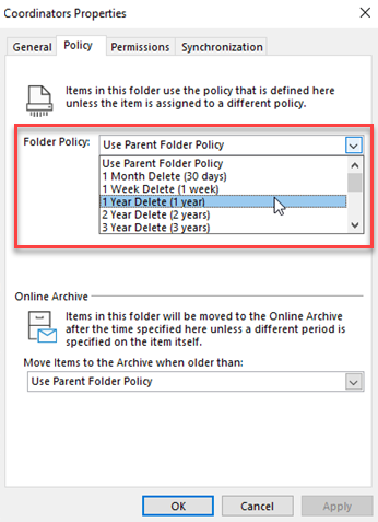 Outlook 365 folder retention policy
