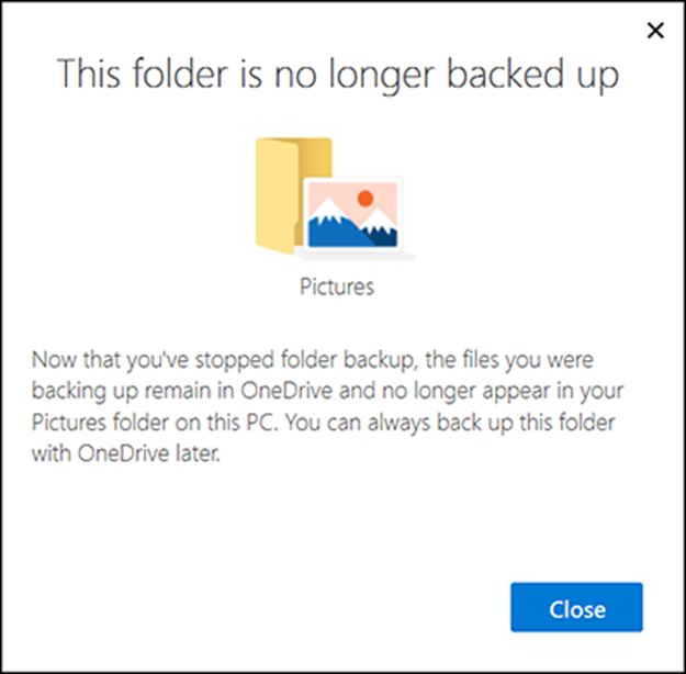 Screen showing that the folder is no longer backed up