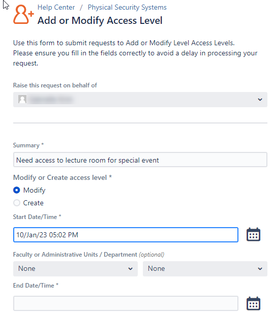 Example of request form options