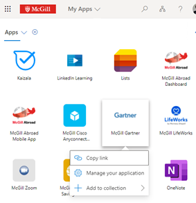 The All Apps of Office 365 with McGill Gartner highlighted