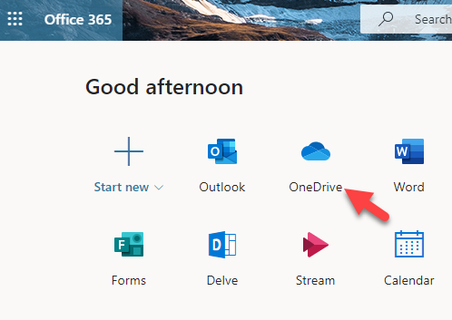 screenshot of Microsoft 365 web interface showing the OneDrive icon
