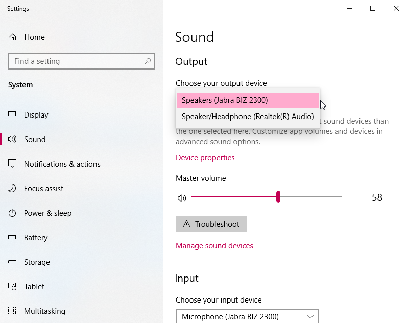 Sound settings window