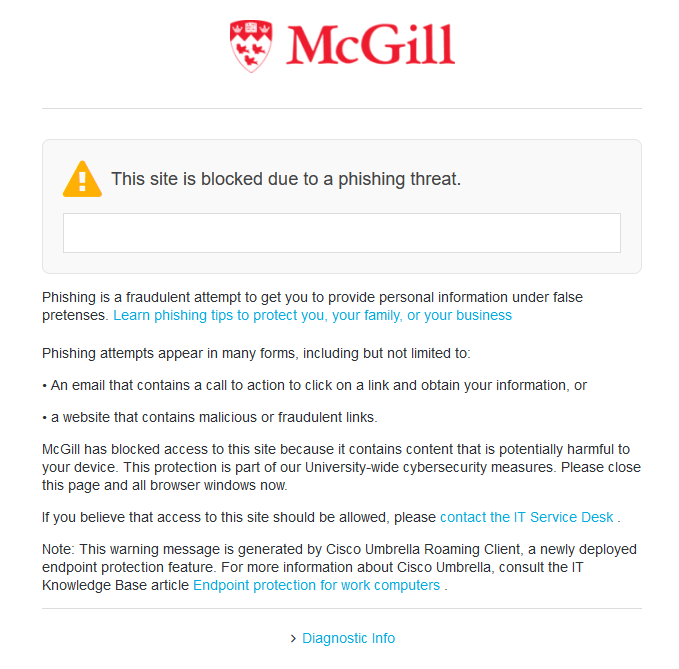 Blocked page displayed by Cisco Umbrella when user accesses a malicious site