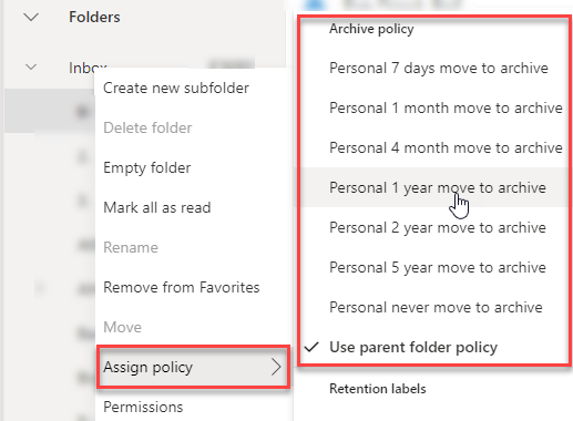 Outlook on the web archive policies