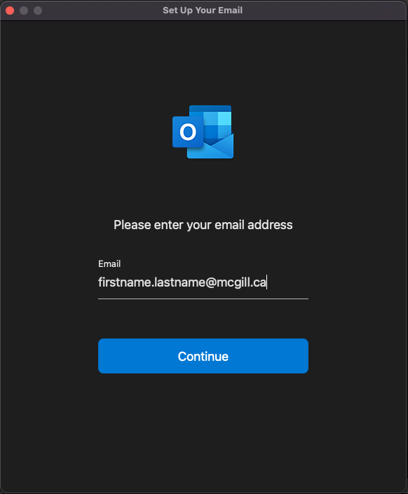 Setup account screen in Outlook