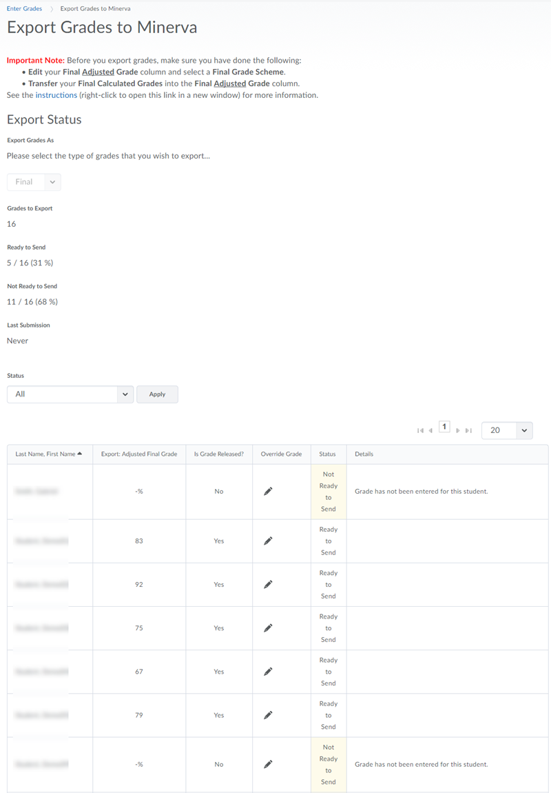 Export grades to Minerva