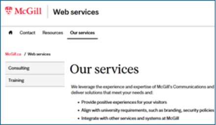 Vertical menu shown on Web services webpage