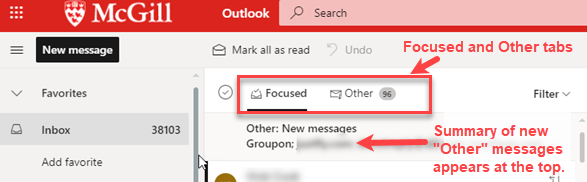 focused and other tabs in Outlook on the web