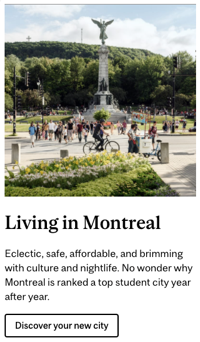 An example of a third-width block featuring text and with an image of students enjoying outdoor life in Montreal