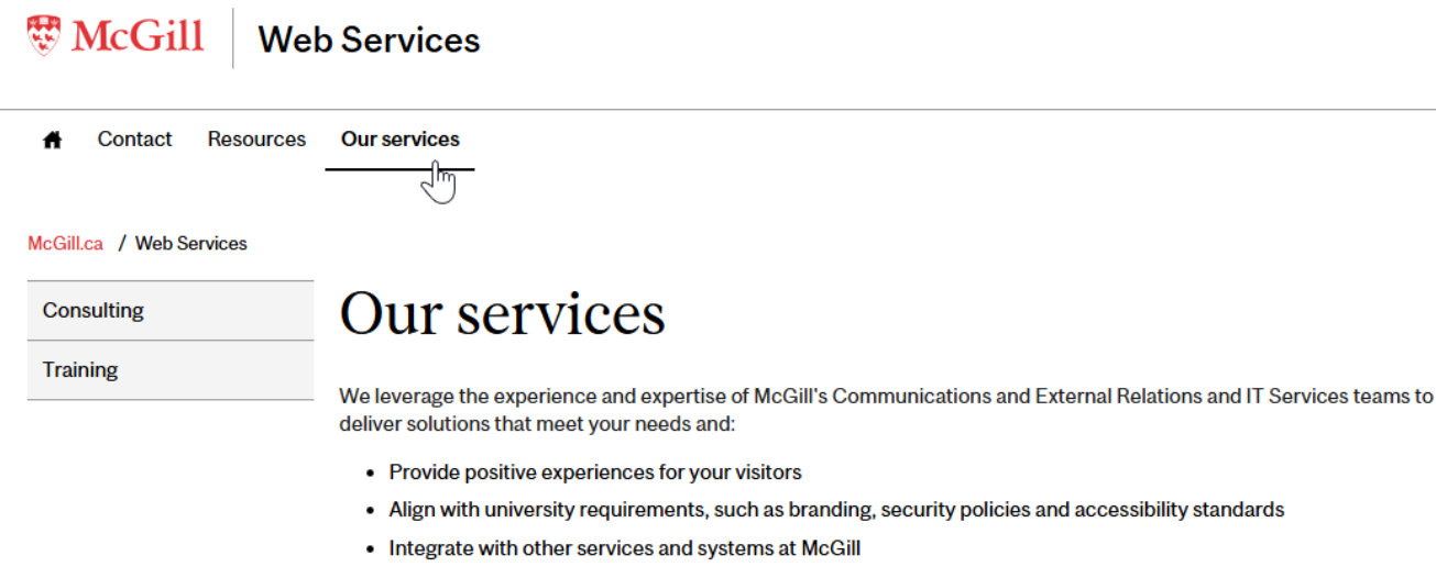 Vertical menu shown on Web services webpage