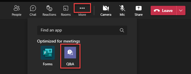 Selecting the Q and A app in the Teams interface