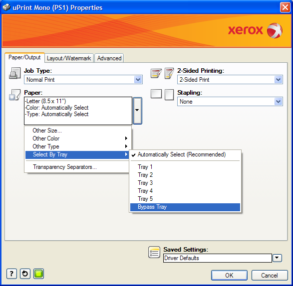 under paper, select bypass tray