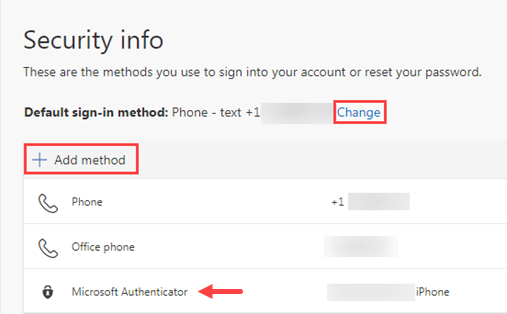 screenshot of security info page where you can change your default sign in method