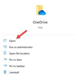 screenshot showing Open OneDrive option