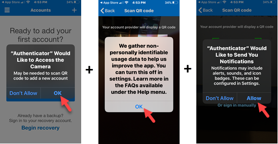 Mobile screens promting you to allow camera access, allow data gathering, and allow notifications