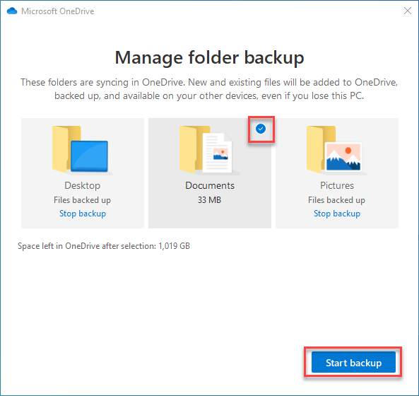 Folder backup management screen