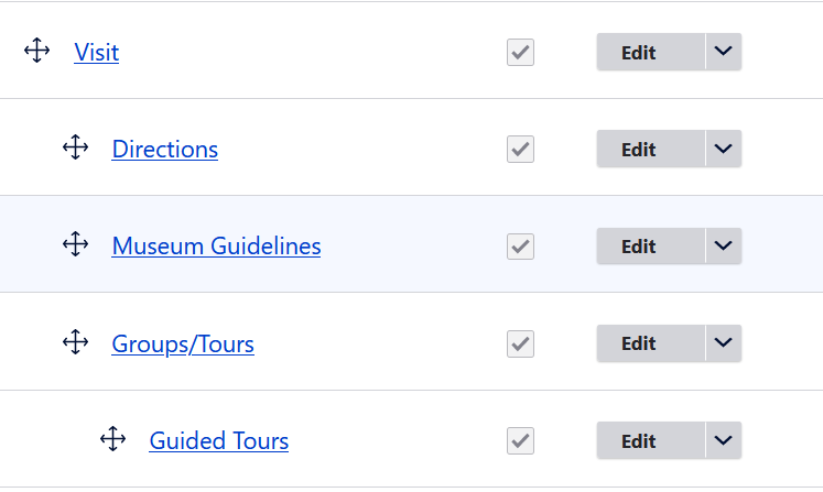 The menu administration showing 3 levels of links